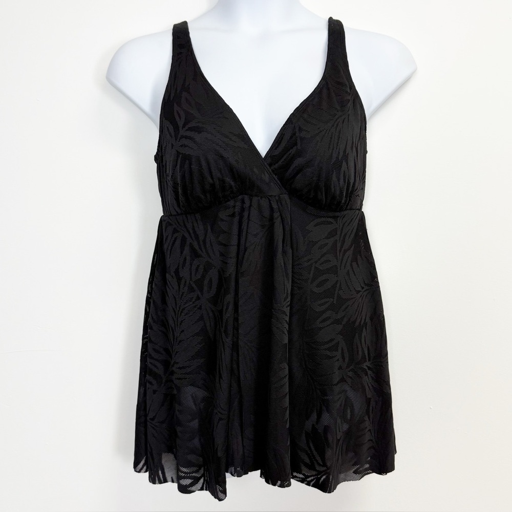 Swim Solutions Swimsuit Womens 16 Black Leaves One Piece Flyaway Swimdress